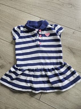 Carter's Baby Girl Navy White Striped Polo Dress Pink Heart Buttons 6 Months🩷